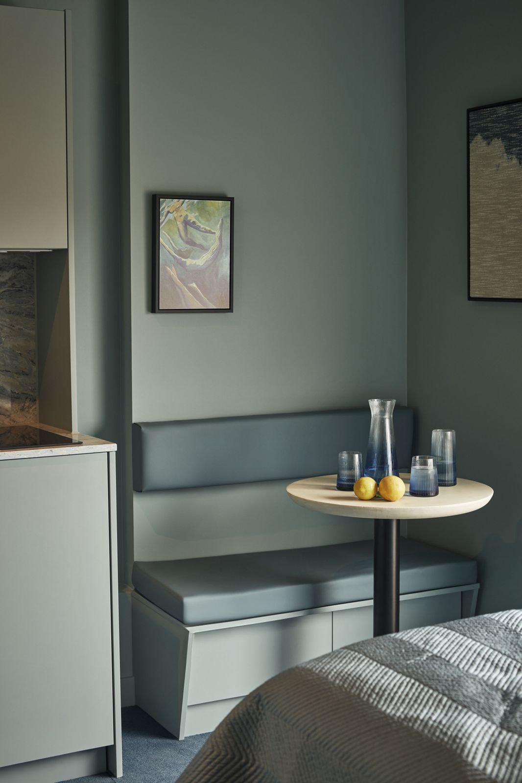 Room interior with integrated seating and joinery