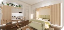 Studio bedroom with timber screening and an integrated desk