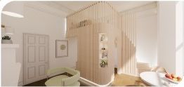 Studio entrance behind a timber screen