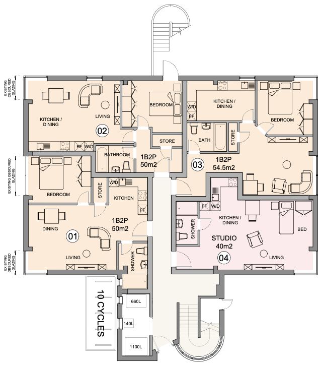 Ground floor plan showing four flats and the cycle store