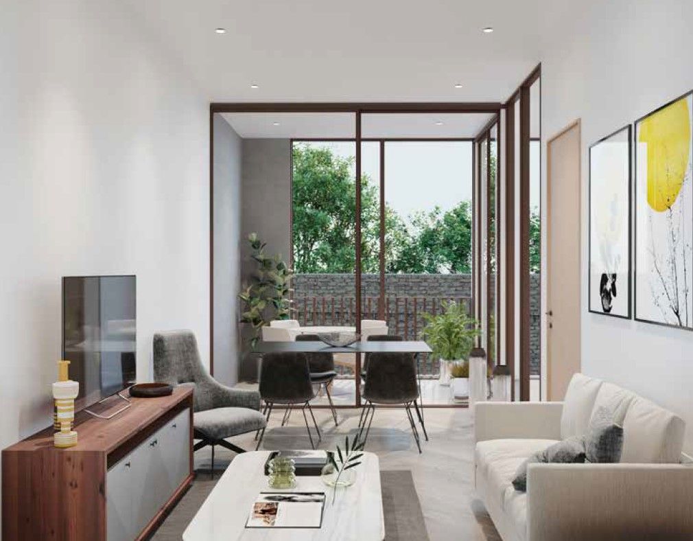 Apartment interior with full-height glazing