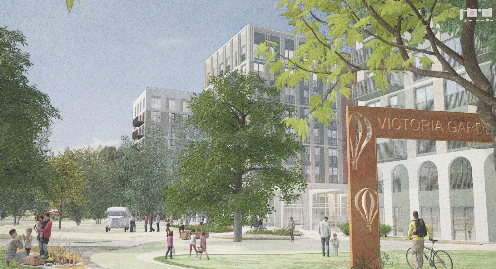 Victoria Gardens public realm at the edge of the scheme